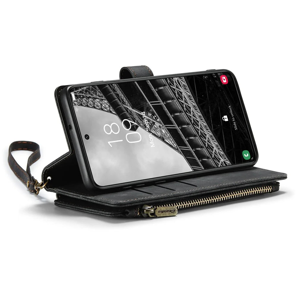 For Samsung Galaxy S23 Phone Cases with Strap CASEME C30 Zipper Multiple Card Holder PU Leather Cover - Black - 4