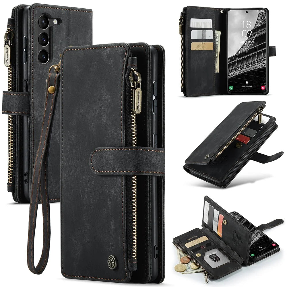 For Samsung Galaxy S23+ Phone Cases with Strap CASEME C30 Zipper Multiple Card Holder PU Leather Cover - Black - 1