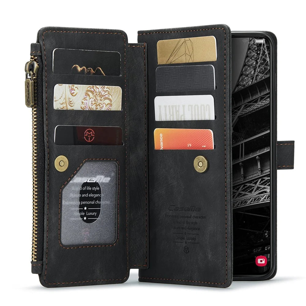 For Samsung Galaxy S23+ Phone Cases with Strap CASEME C30 Zipper Multiple Card Holder PU Leather Cover - Black - 3