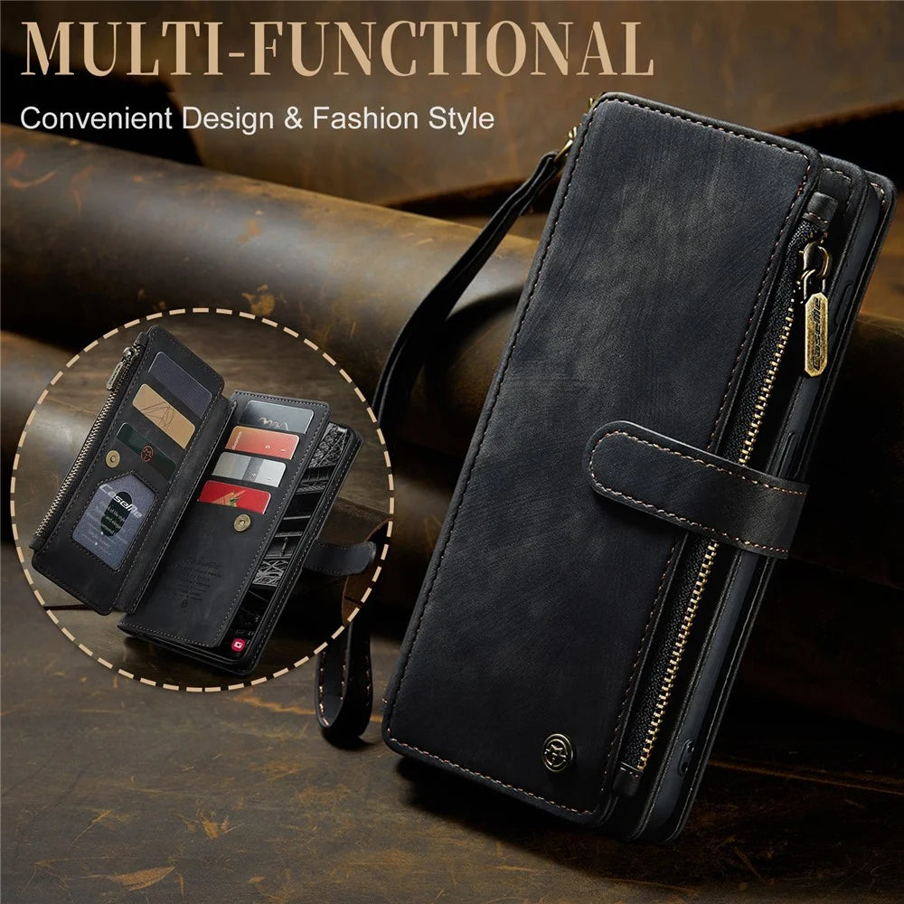 For Samsung Galaxy S23+ Phone Cases with Strap CASEME C30 Zipper Multiple Card Holder PU Leather Cover - Black - 6