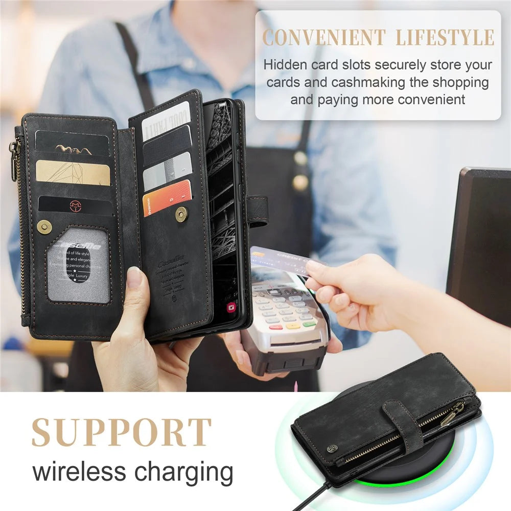 For Samsung Galaxy S23+ Phone Cases with Strap CASEME C30 Zipper Multiple Card Holder PU Leather Cover - Black - 7