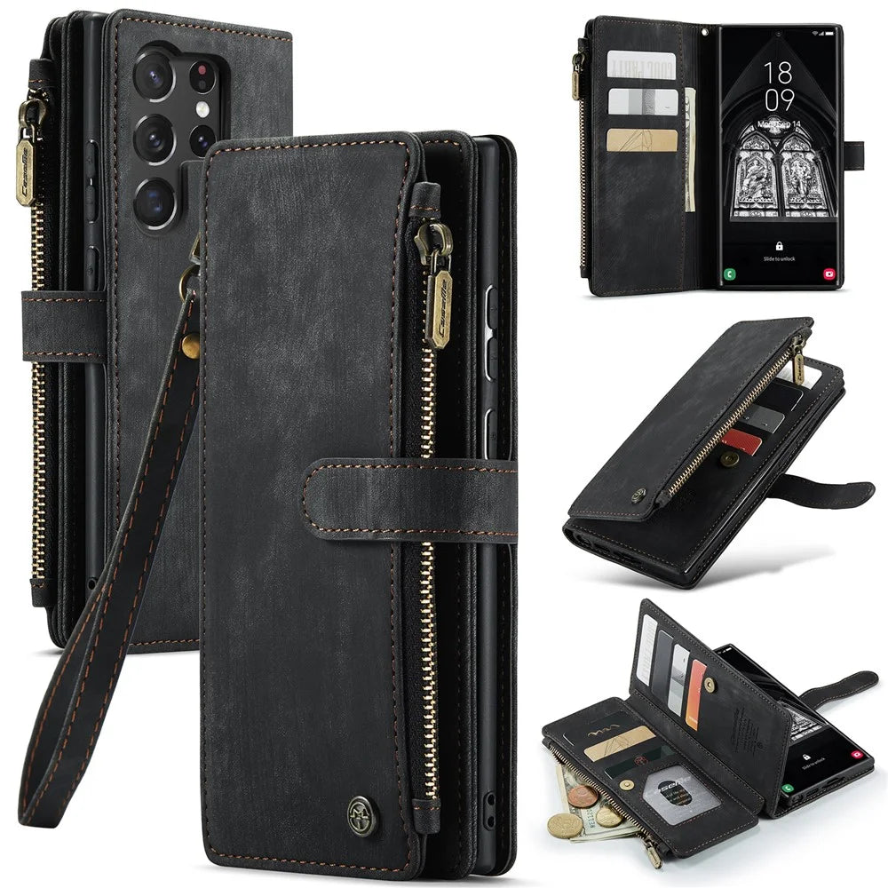 For Samsung Galaxy S23 Ultra Phone Cases with Strap CASEME C30 Zipper Multiple Card Holder PU Leather Cover - Black - 1