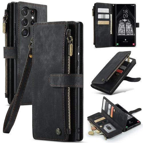 For Samsung Galaxy S23 Ultra Phone Cases with Strap CASEME C30 Zipper Multiple Card Holder PU Leather Cover - Black - 1
