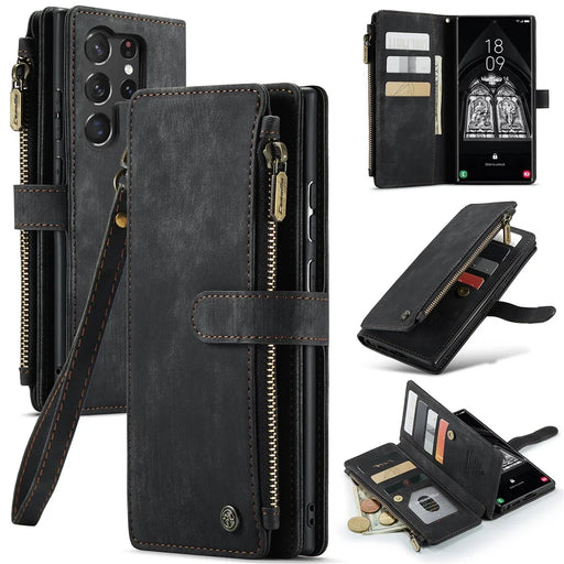 For Samsung Galaxy S23 Ultra Phone Cases with Strap CASEME C30 Zipper Multiple Card Holder PU Leather Cover - Black - 1