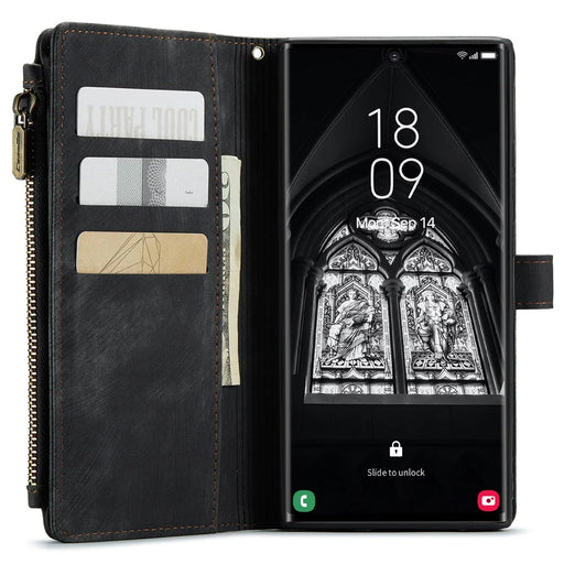 For Samsung Galaxy S23 Ultra Phone Cases with Strap CASEME C30 Zipper Multiple Card Holder PU Leather Cover - Black - 2