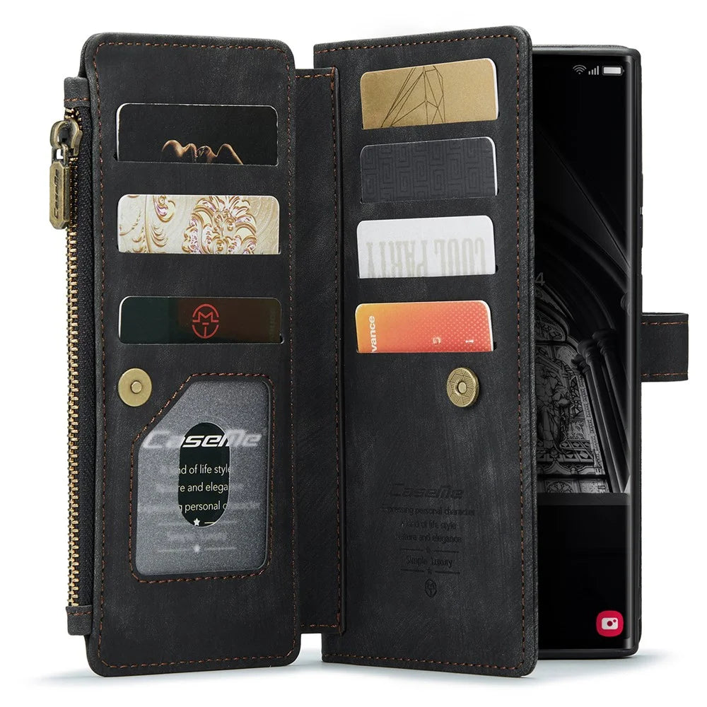 For Samsung Galaxy S23 Ultra Phone Cases with Strap CASEME C30 Zipper Multiple Card Holder PU Leather Cover - Black - 3