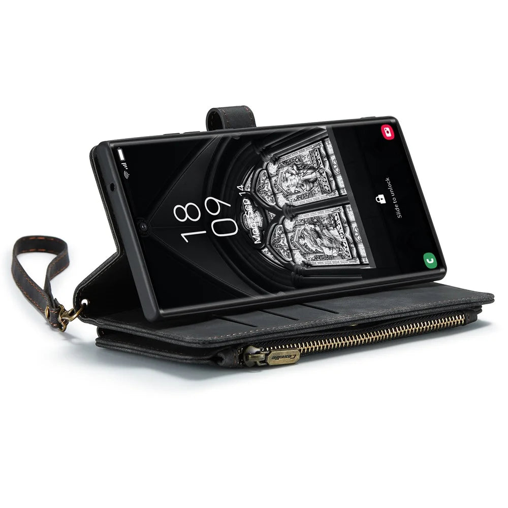 For Samsung Galaxy S23 Ultra Phone Cases with Strap CASEME C30 Zipper Multiple Card Holder PU Leather Cover - Black - 4