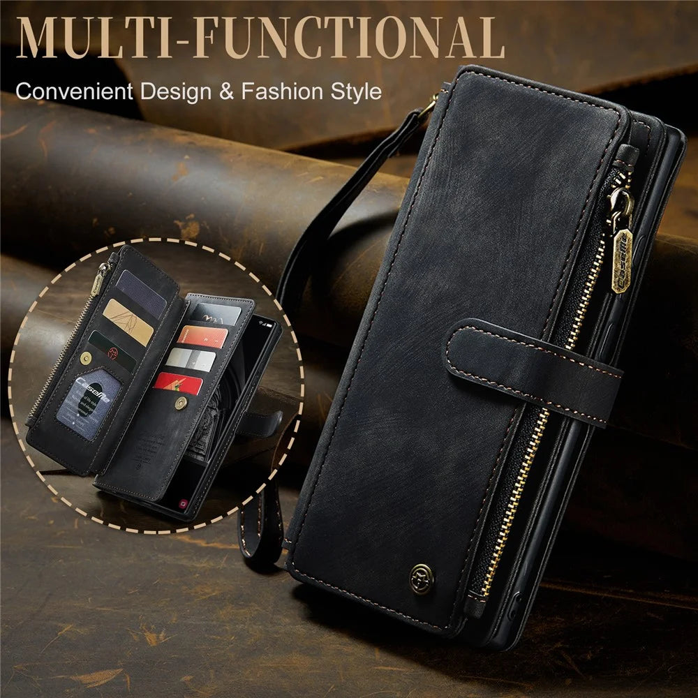 For Samsung Galaxy S23 Ultra Phone Cases with Strap CASEME C30 Zipper Multiple Card Holder PU Leather Cover - Black - 6