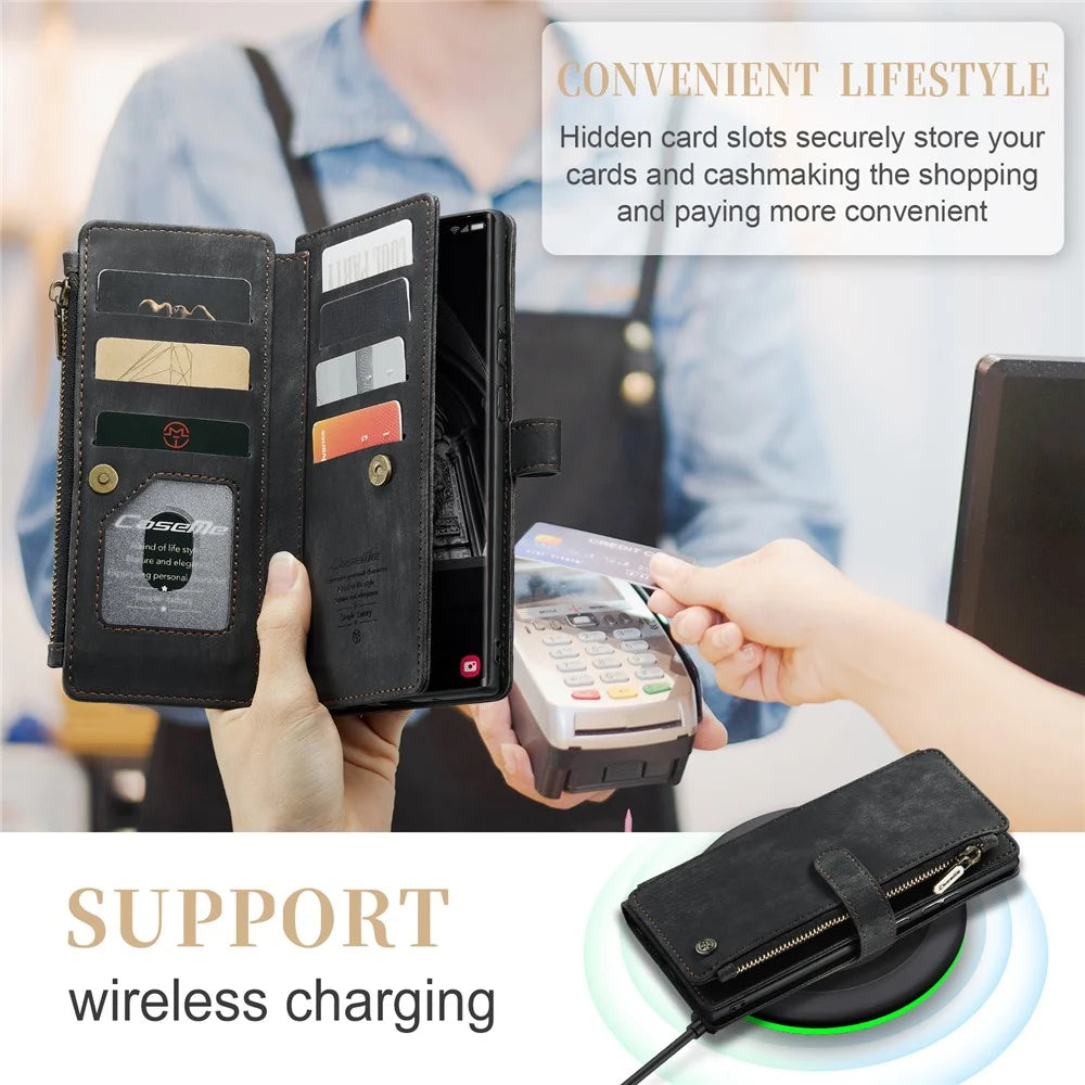 For Samsung Galaxy S23 Ultra Phone Cases with Strap CASEME C30 Zipper Multiple Card Holder PU Leather Cover - Black - 7