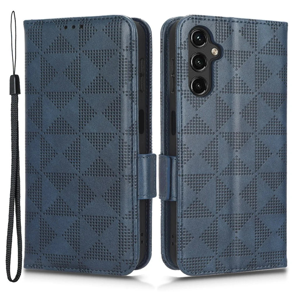 For Samsung Galaxy A24 4G (162.1 x 77.6 x 8.3mm) Leather Phone Case Imprinted Triangle Anti-Fall Wallet Phone Cover - Blue - 1