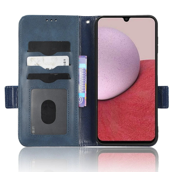 For Samsung Galaxy A24 4G (162.1 x 77.6 x 8.3mm) Leather Phone Case Imprinted Triangle Anti-Fall Wallet Phone Cover - Blue - 2