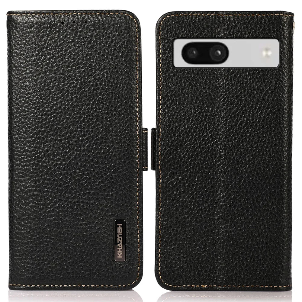 KHAZNEH For Google Pixel 7a RFID Blocking Phone Stand Case Genuine Cow Leather Wallet Drop-proof Cover - Black - 1