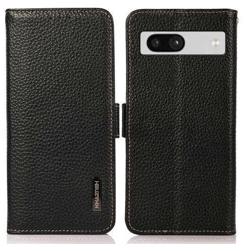 KHAZNEH For Google Pixel 7a RFID Blocking Phone Stand Case Genuine Cow Leather Wallet Drop-proof Cover - Black - 1