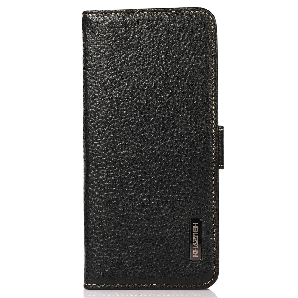 KHAZNEH For Google Pixel 7a RFID Blocking Phone Stand Case Genuine Cow Leather Wallet Drop-proof Cover - Black - 7