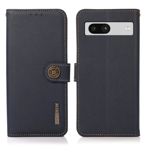 KHAZNEH For Google Pixel 7a RFID Blocking Wallet Phone Shell Genuine Cow Leather Stand Cover - Blue - 1