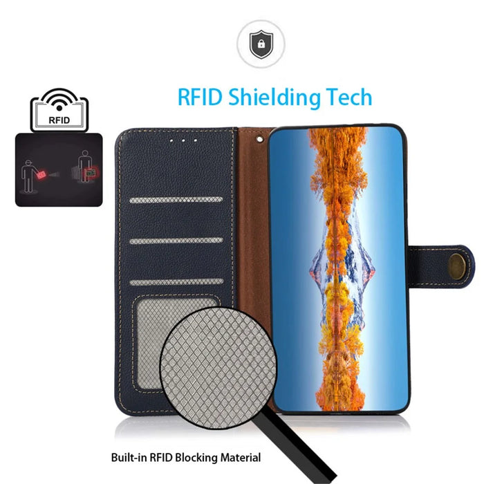 KHAZNEH For Google Pixel 7a RFID Blocking Wallet Phone Shell Genuine Cow Leather Stand Cover - Blue - 5