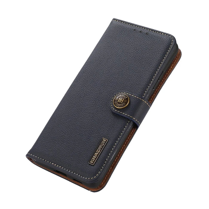 KHAZNEH For Google Pixel 7a RFID Blocking Wallet Phone Shell Genuine Cow Leather Stand Cover - Blue - 6