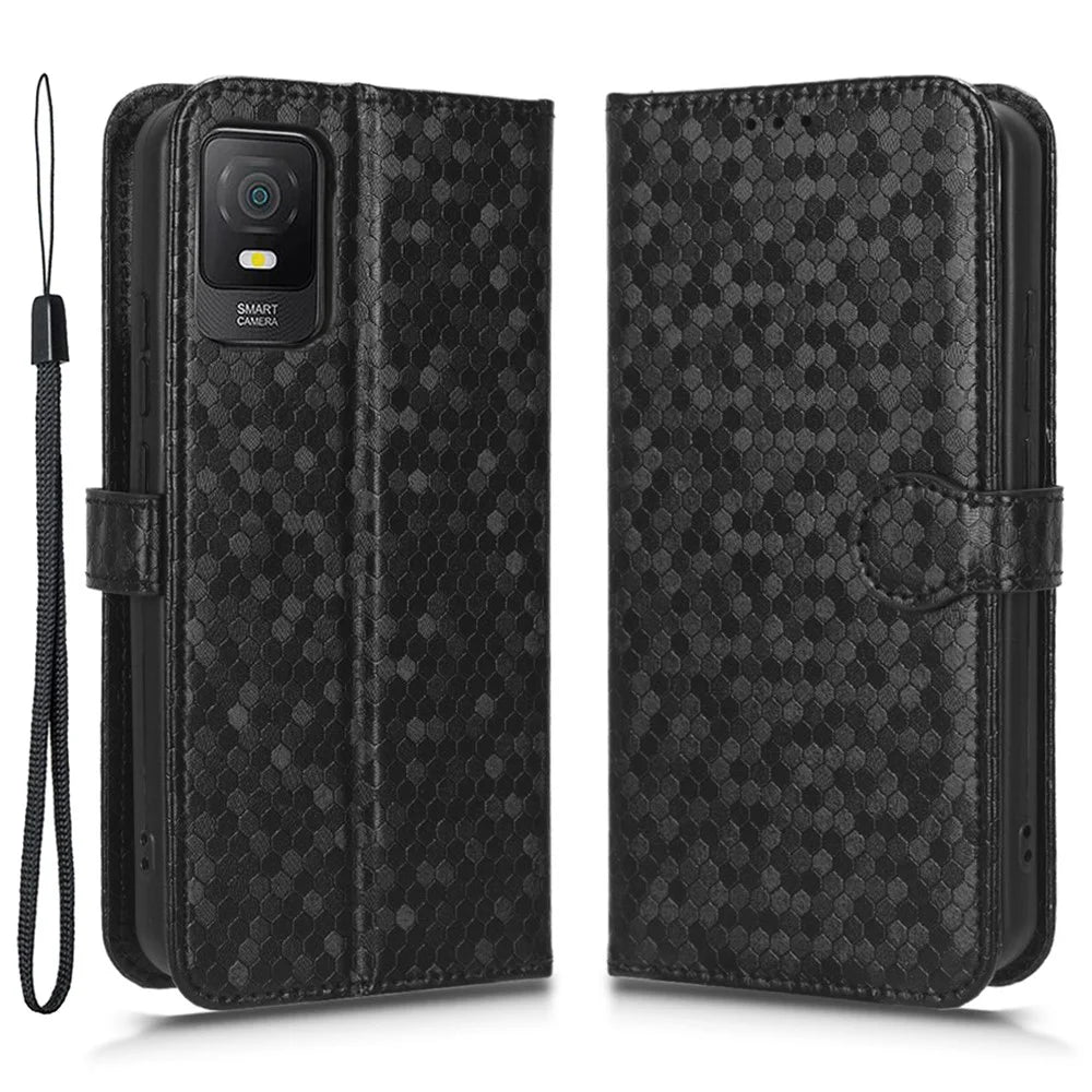 Phone Leather Case for TCL 403 Dot Pattern Imprinted Stand Wallet Smartphone Cover - Black - 1