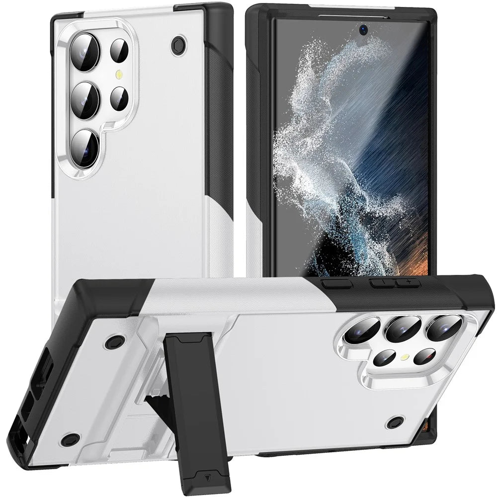 For Samsung Galaxy S23 Ultra Drop Protective Cover Soft TPU Hard PC Shockproof Kickstand Phone Case - White / Black - 1