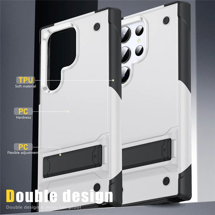 For Samsung Galaxy S23 Ultra Drop Protective Cover Soft TPU Hard PC Shockproof Kickstand Phone Case - White / Black - 5