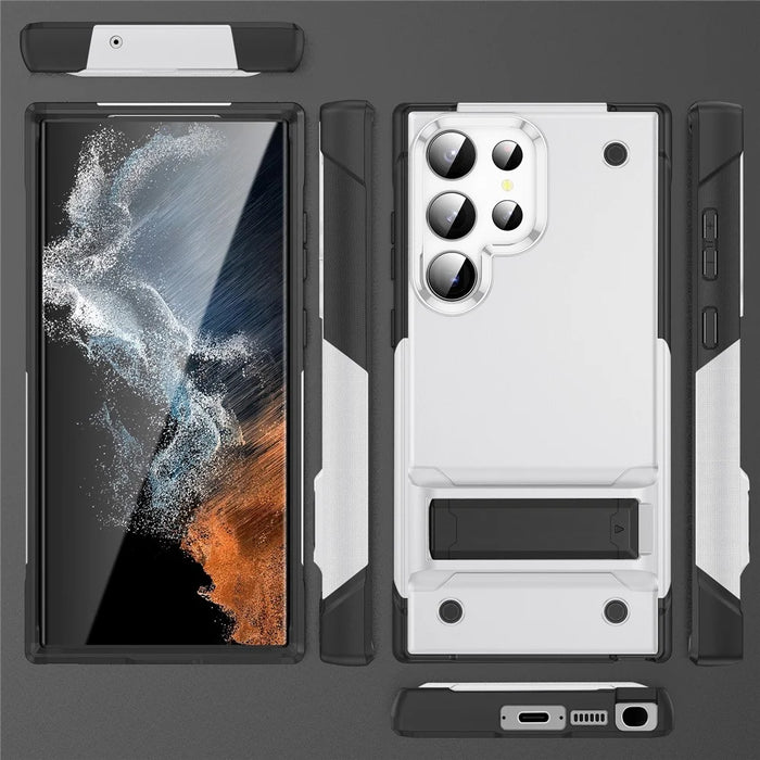 For Samsung Galaxy S23 Ultra Drop Protective Cover Soft TPU Hard PC Shockproof Kickstand Phone Case - White / Black - 6
