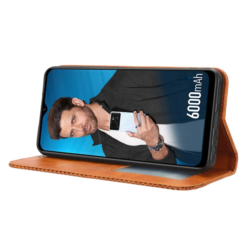 For itel P40 Retro Phone Cover Magnetic PU Leather Stand Cell Phone Wallet Case - Brown - 3
