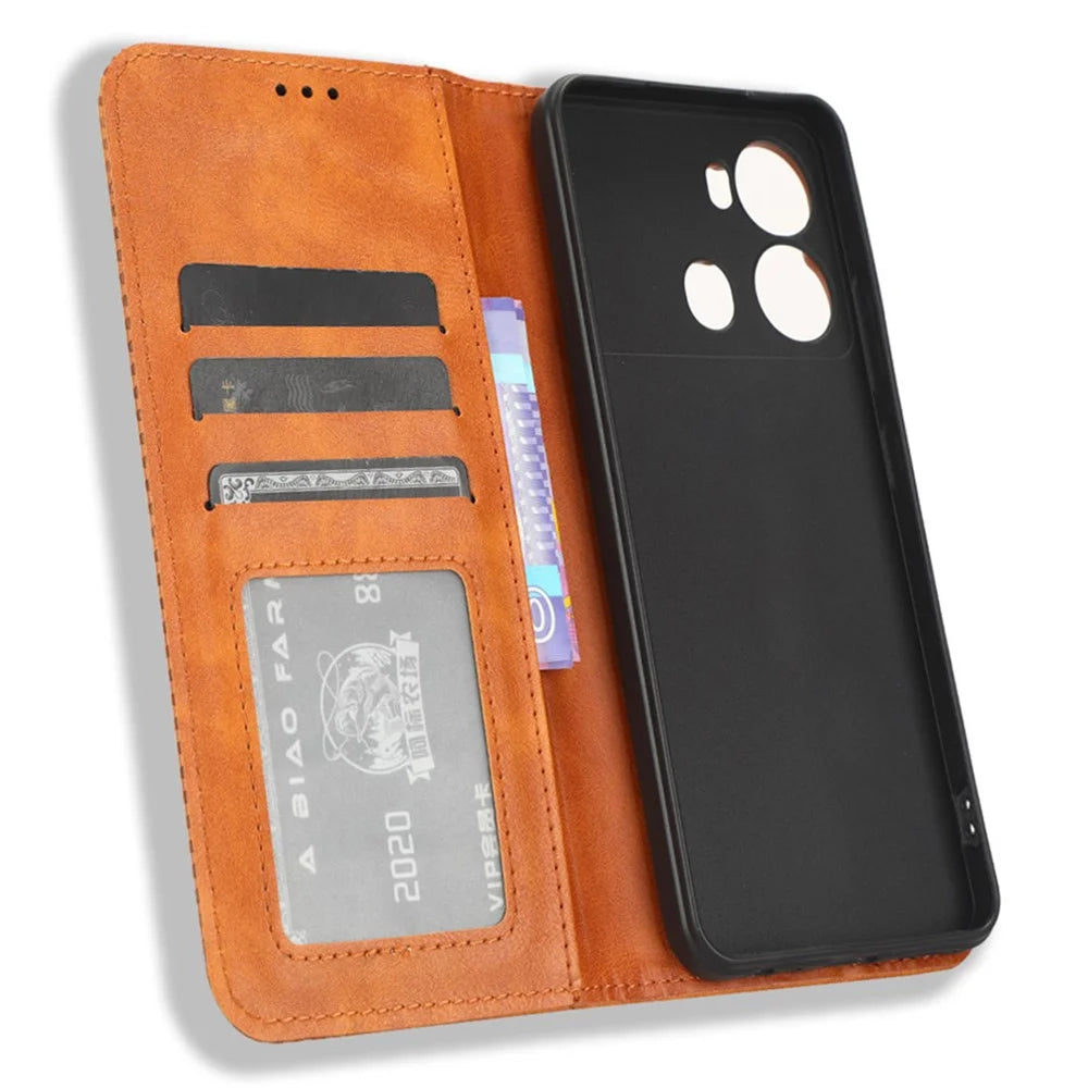 For itel P40 Retro Phone Cover Magnetic PU Leather Stand Cell Phone Wallet Case - Brown - 4