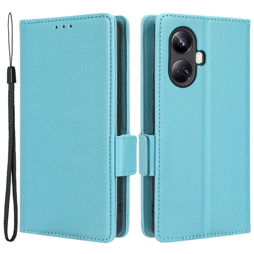 For Realme 10 Pro+ 5G PU Leather Litchi Texture Phone Case Flip Folio Book Stand Wallet Cover - Baby Blue - 1