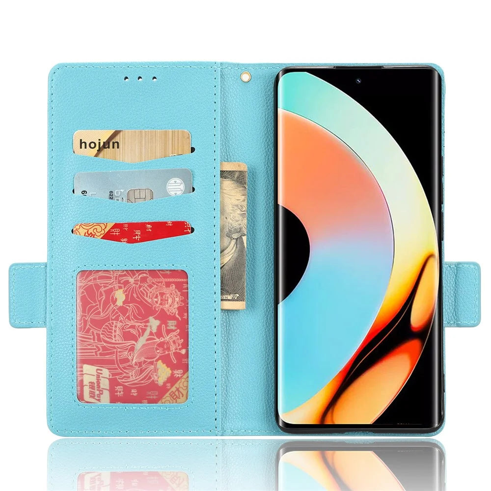 For Realme 10 Pro+ 5G PU Leather Litchi Texture Phone Case Flip Folio Book Stand Wallet Cover - Baby Blue - 2