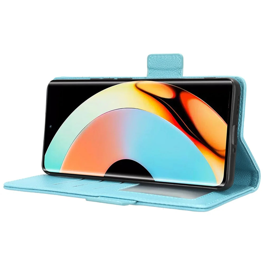 For Realme 10 Pro+ 5G PU Leather Litchi Texture Phone Case Flip Folio Book Stand Wallet Cover - Baby Blue - 3