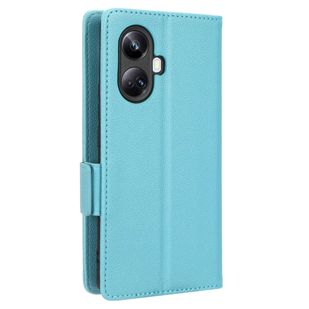 For Realme 10 Pro+ 5G PU Leather Litchi Texture Phone Case Flip Folio Book Stand Wallet Cover - Baby Blue - 7