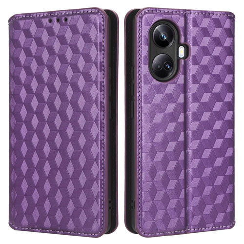 For Realme 10 Pro+ 5G Flip Leather Case Rhombus Pattern Imprinted Wallet Stand Phone Cover - Purple - 1