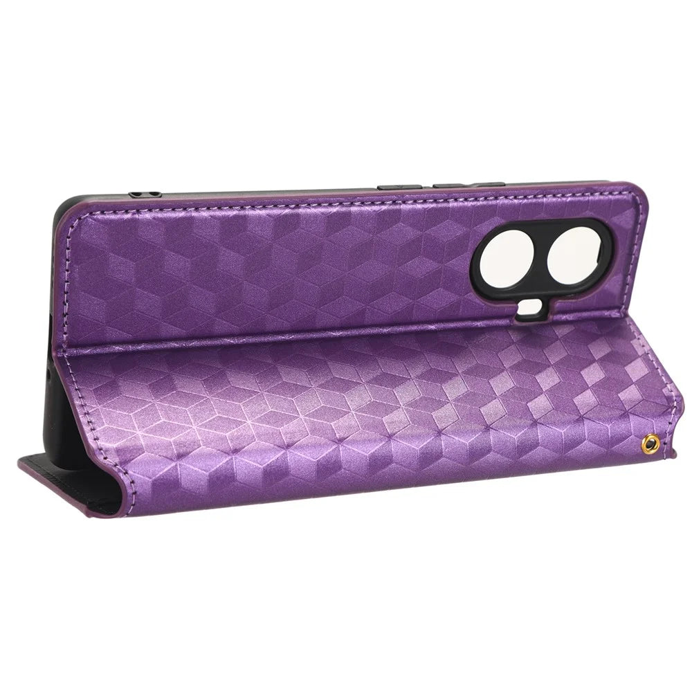 For Realme 10 Pro+ 5G Flip Leather Case Rhombus Pattern Imprinted Wallet Stand Phone Cover - Purple - 3