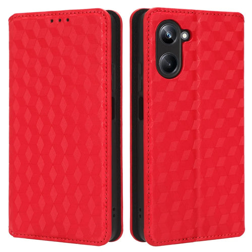 For Realme 10 Pro 5G PU Leather Stand Phone Case Wallet Flip Rhombus Pattern Imprinted Phone Cover - Red - 1