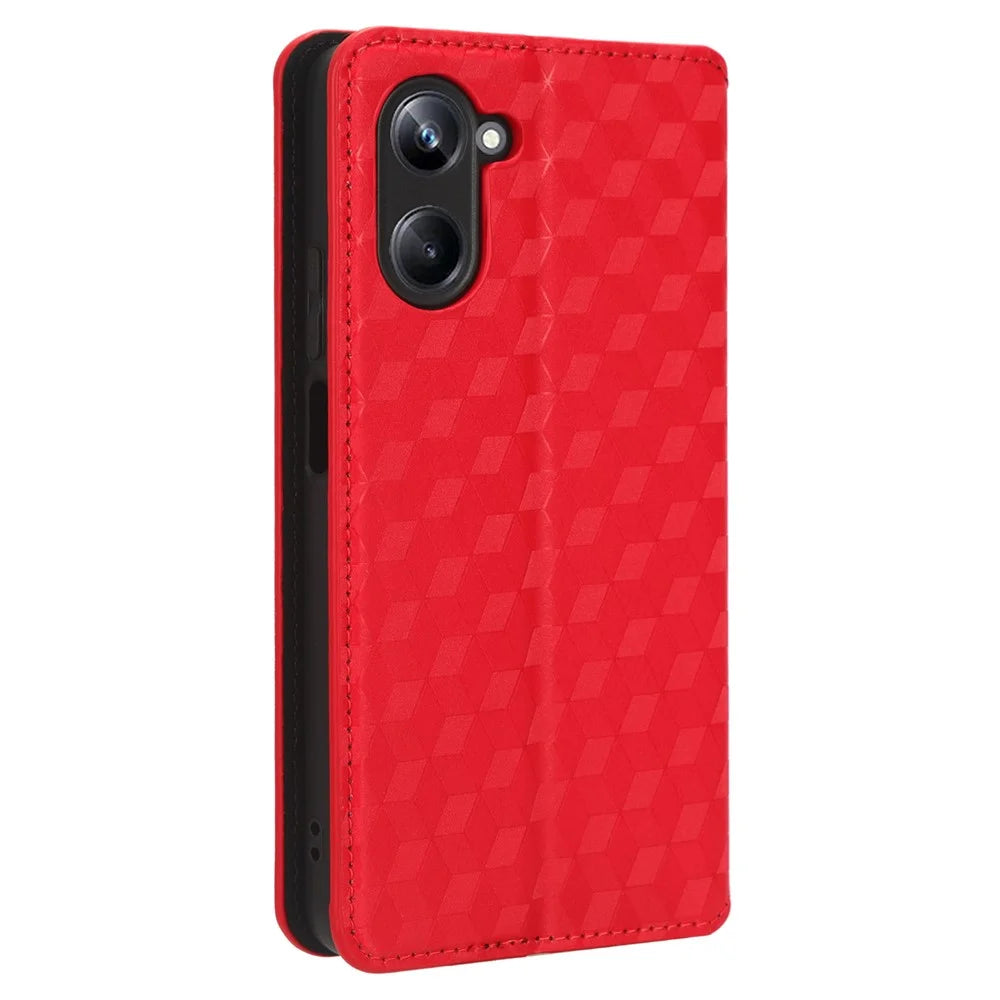 For Realme 10 Pro 5G PU Leather Stand Phone Case Wallet Flip Rhombus Pattern Imprinted Phone Cover - Red - 7