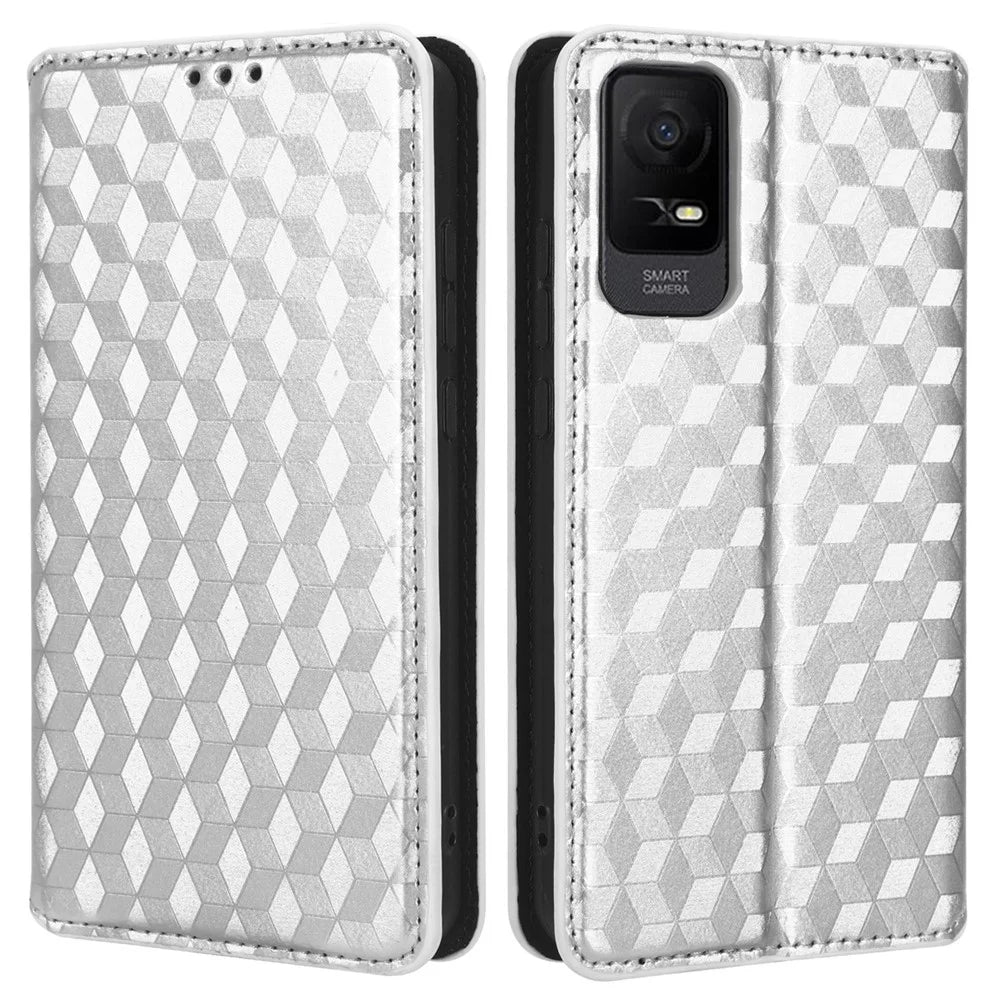 For TCL Ion X Flip Phone Cover PU Leather Rhombus Pattern Imprinted Stand Phone Case - Silver - 1