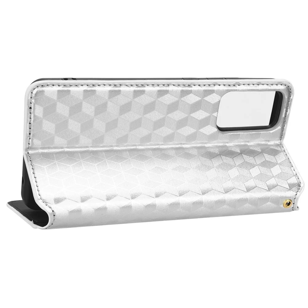 For TCL Ion X Flip Phone Cover PU Leather Rhombus Pattern Imprinted Stand Phone Case - Silver - 3