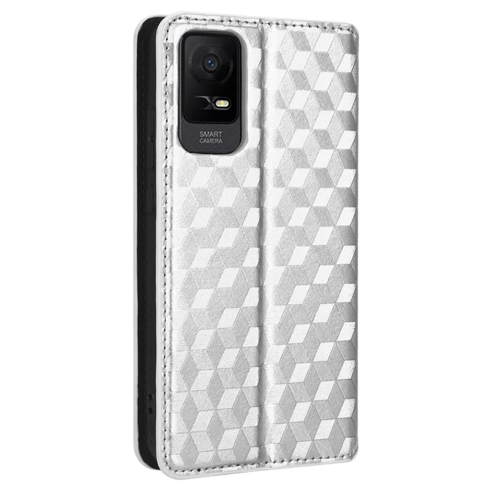 For TCL Ion X Flip Phone Cover PU Leather Rhombus Pattern Imprinted Stand Phone Case - Silver - 7