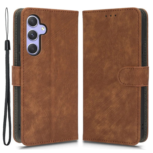 For Samsung Galaxy A54 5G RFID Blocking Wallet Case PU Leather Stand Magnetic Phone Cover with Strap - Brown - 1