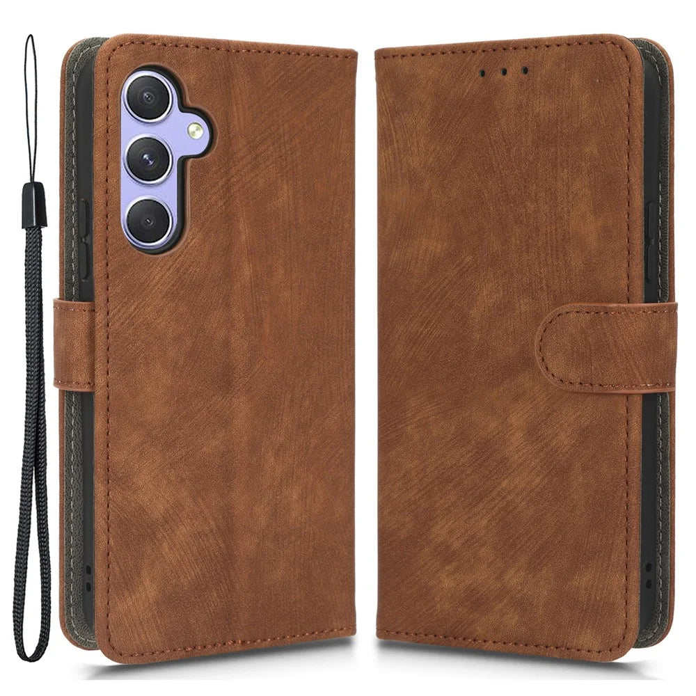 For Samsung Galaxy A54 5G RFID Blocking Wallet Case PU Leather Stand Magnetic Phone Cover with Strap - Brown - 1