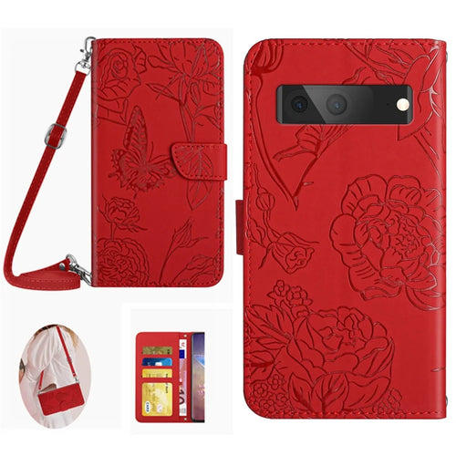 HT03 Phone Case for Google Pixel 7a PU Leather Butterfly Flowers Imprinted Stand Wallet Cover with Shoulder Strap - Red - 1