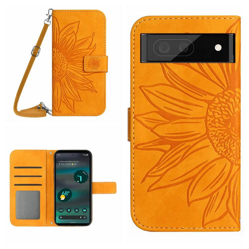 HT04 PU Leather Case for Google Pixel 7a Phone Cover with Shoulder Strap, Sunflower Pattern Wallet Phone Shell - Yellow - 1