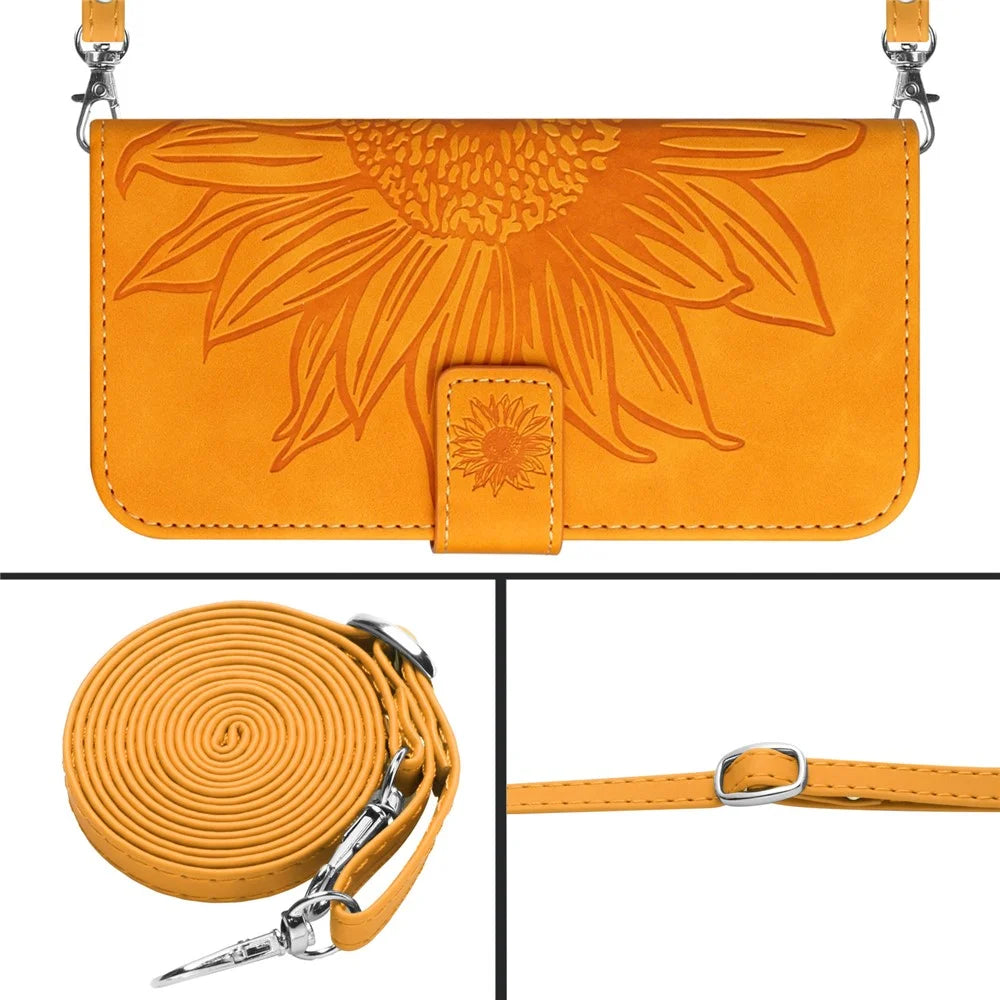 HT04 PU Leather Case for Google Pixel 7a Phone Cover with Shoulder Strap, Sunflower Pattern Wallet Phone Shell - Yellow - 5
