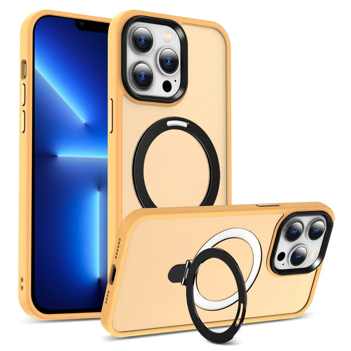 For iPhone 13 Pro 6.1 inch Magnetic Phone Case Compatible with MagSafe PC+TPU Ring Kickstand Cover - Orange - 1