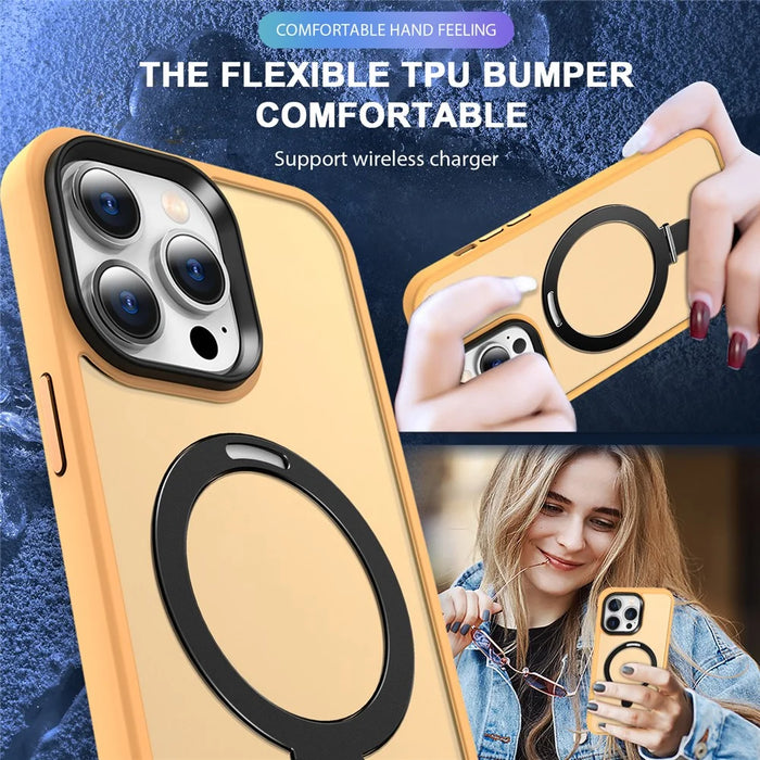 For iPhone 14 Pro Max Magnetic Ring Kickstand Phone Cover PC+TPU Phone Cover Compatible with MagSafe - Orange - 6