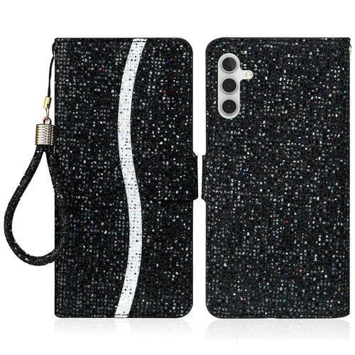 For Samsung Galaxy A34 5G Glitter Bling Splicing Phone Case Wallet PU Leather Stand Mobile Cover with Strap - Black - 1