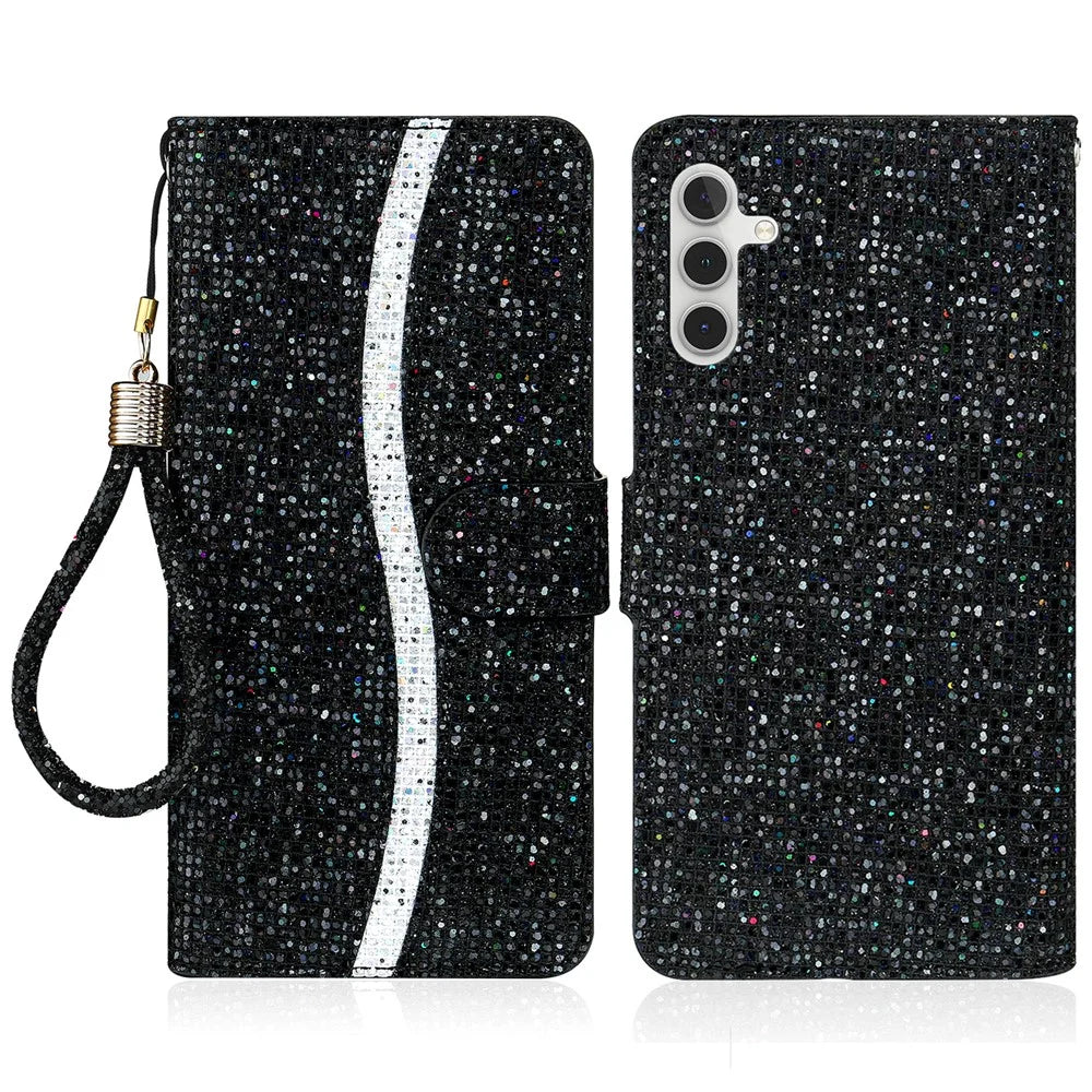 For Samsung Galaxy A54 5G Stand Mobile Phone Case Glitter Splicing PU Leather Wallet Flip Cover with Strap - Black - 1