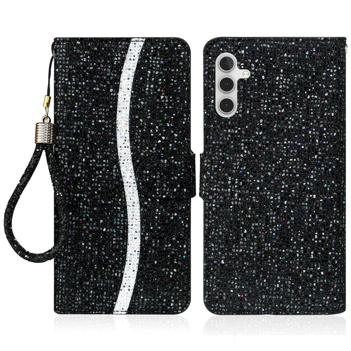 For Samsung Galaxy A54 5G Stand Mobile Phone Case Glitter Splicing PU Leather Wallet Flip Cover with Strap - Black - 1
