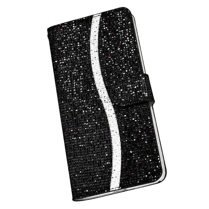 For Samsung Galaxy A54 5G Stand Mobile Phone Case Glitter Splicing PU Leather Wallet Flip Cover with Strap - Black - 4