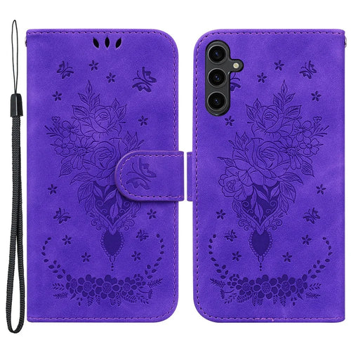 For Samsung Galaxy A24 4G (162.1 x 77.6 x 8.3mm) Magnetic Flip PU Leather Stand Case Rose Butterfly Imprinted Phone Shell Cover - Purple - 1